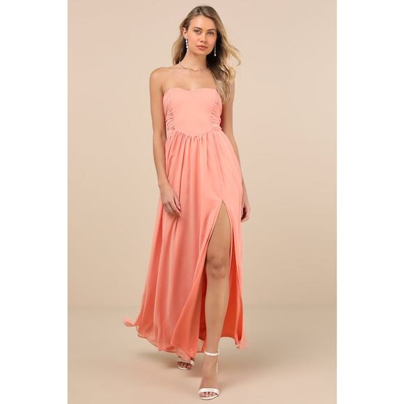 NWT Lulus Luxe Favorite Peach Pink Strapless Ruched Maxi Dress Bridesmaid Size M - Picture 1 of 9